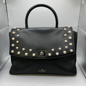 Kate Spade Dorina Serrano Handbag Purse Black Cream Pearls Studs Leather Womens